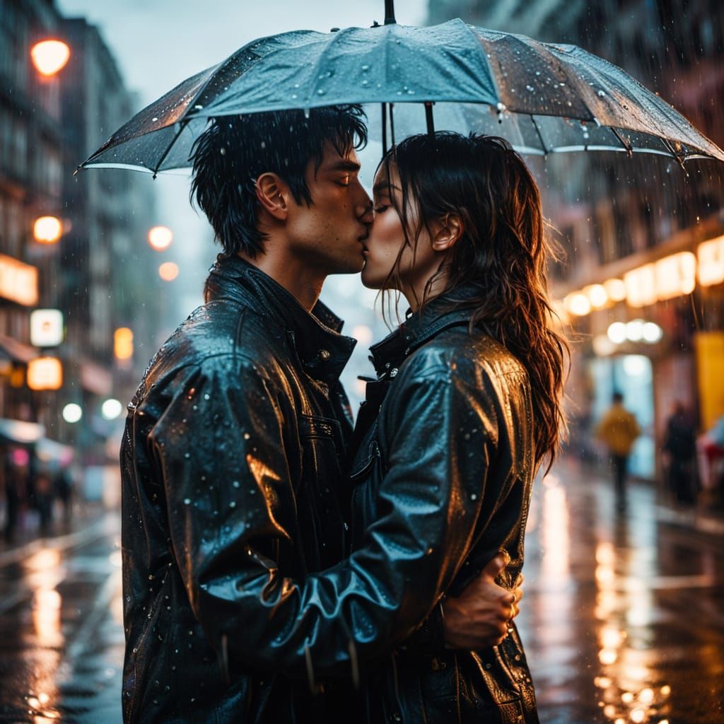 Romantic Couple Kissing in Rainy City Street
