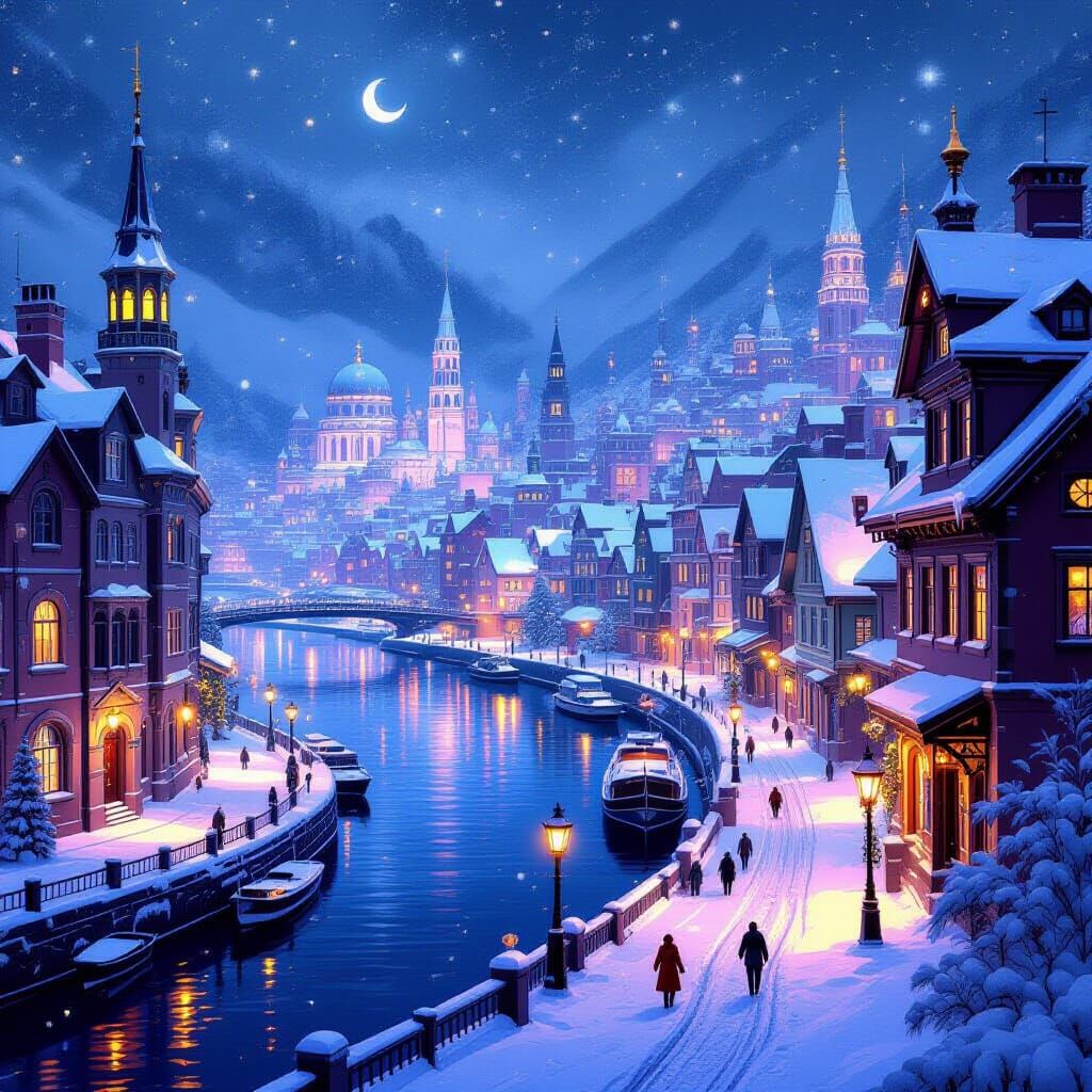 Dreamlike Christmas Port City Digital Painting