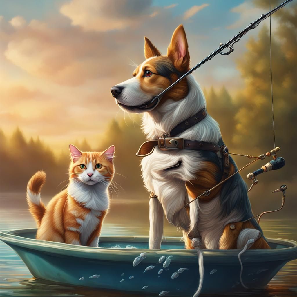 Dog Fishing with Cat Bait in Gouache Style