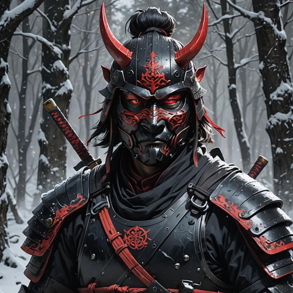 Samurai Ninja in Snowy Forest, Hyperdetailed Portrait