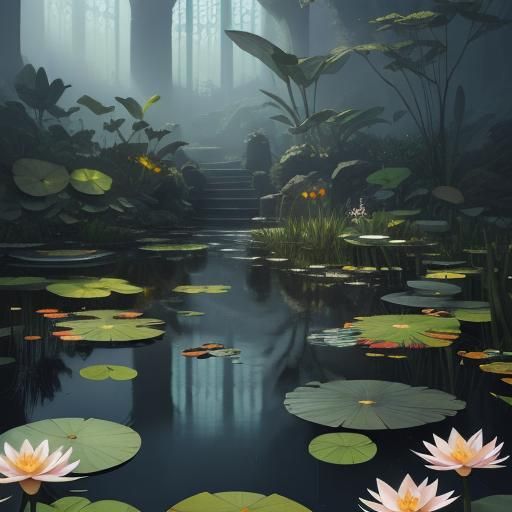 Mystical Lotus Pond in Fantasy Realism