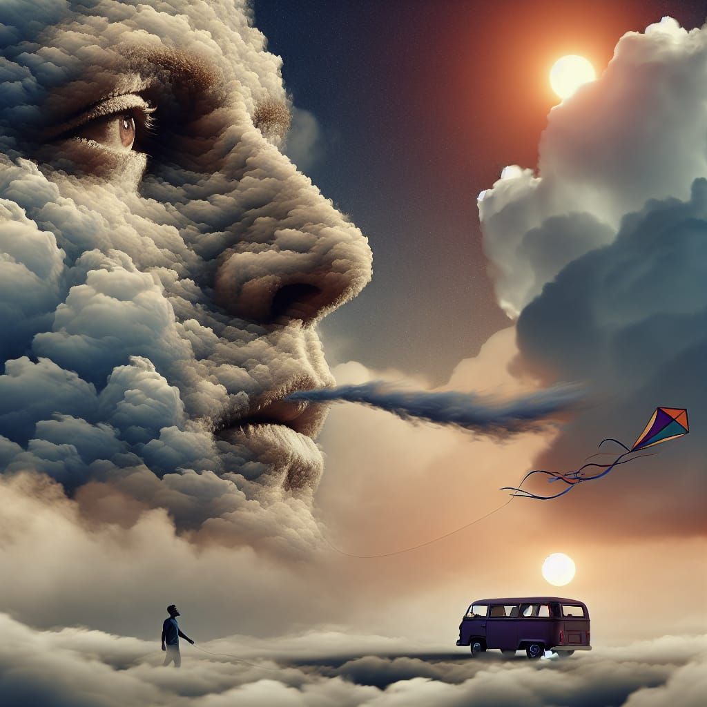 Surreal Cloud Face Blows Wind at Purple Van