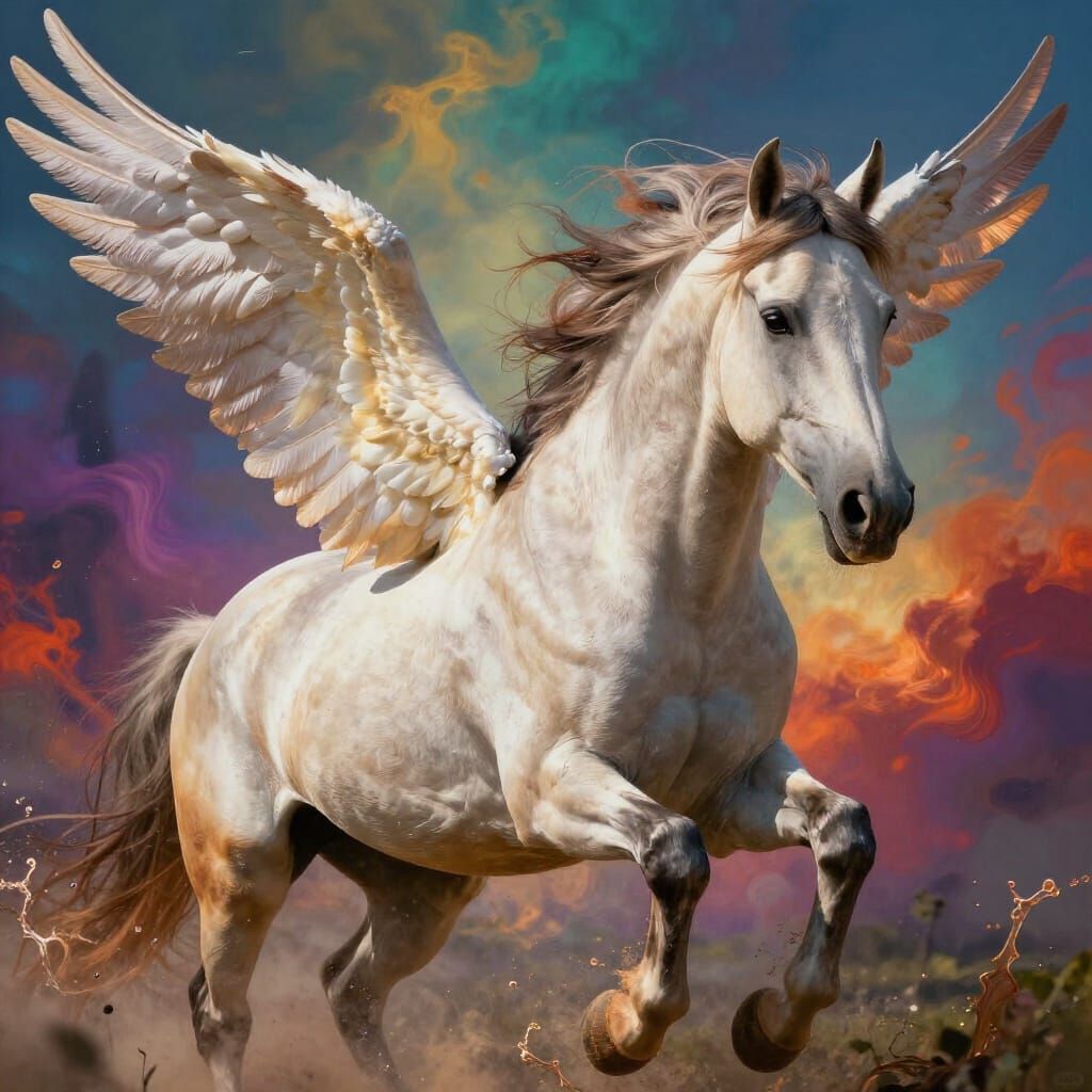 Majestic Winged Humanoid Horse in Splash Art Style