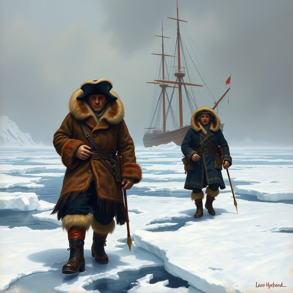 Explorers Discovering Frozen Landscape in Romantic Style