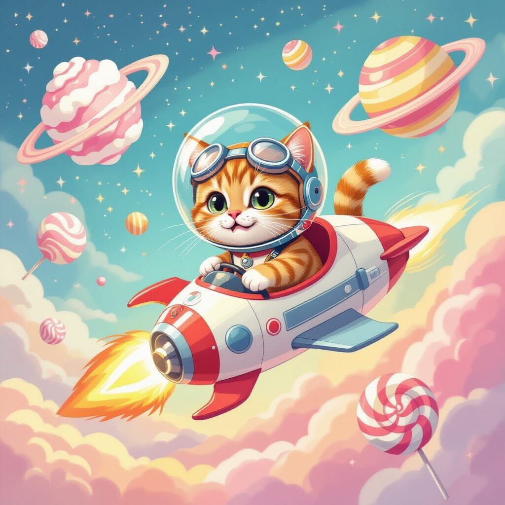 Ginger Cat's Candy Galaxy Adventure as Watercolor Art
