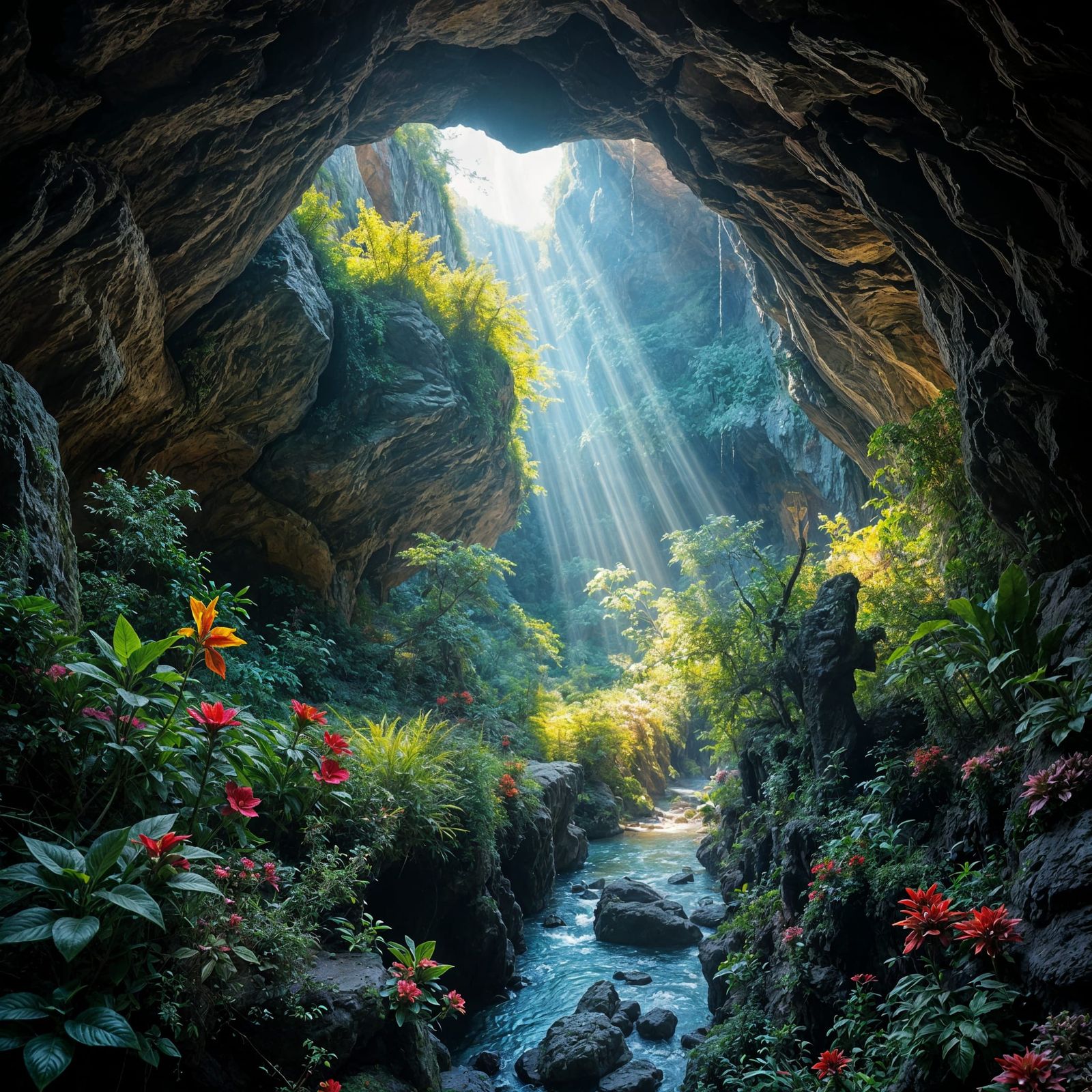 Vibrant Cave Oasis with Radiant Light and Serene River