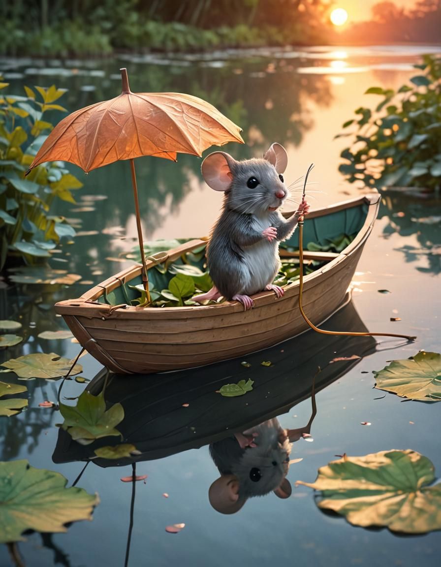 Chibi Mouse in Leaf Boat: Storybook Illustration