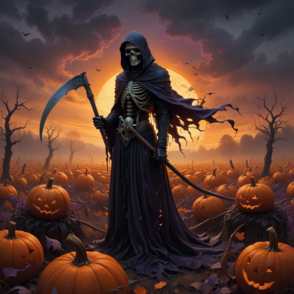 Grim Reaper's Autumn Seduction in Surreal Style