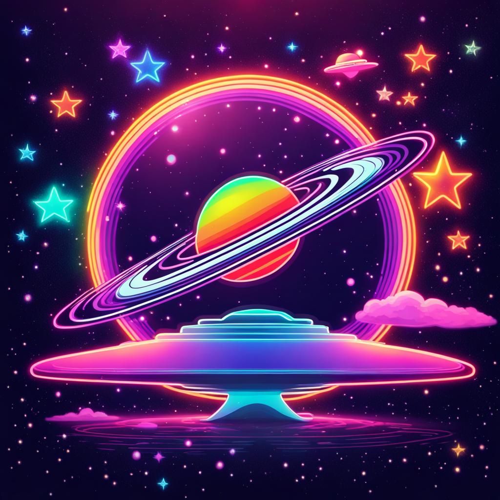 Neon Saturn with Rainbow Stars in Synthwave Style