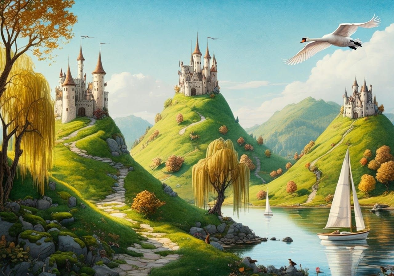Whimsical Fairytale Landscape with White Castles