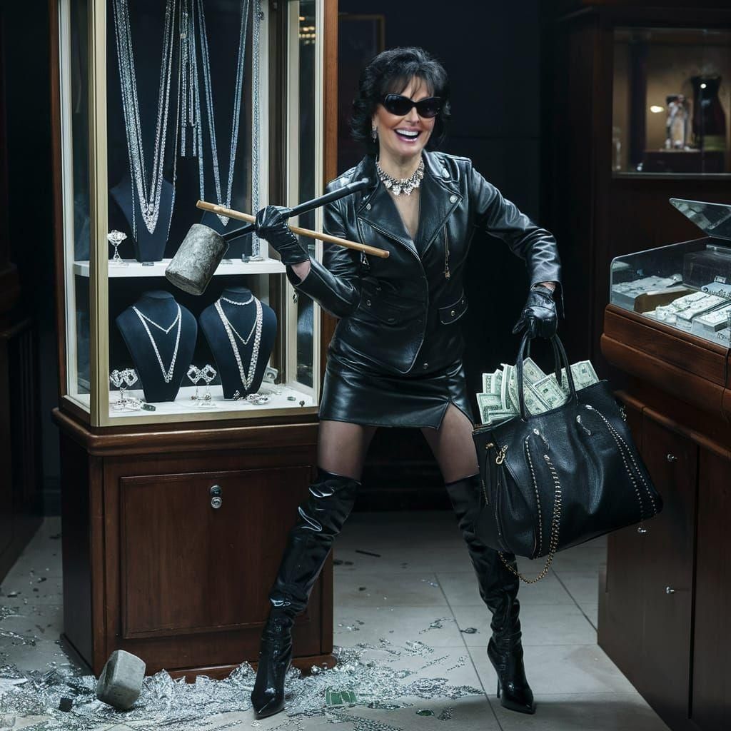Daring Heist Scene with Woman in Black Leather