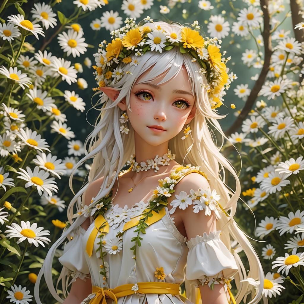 A whimsical pixie with yellow and white attire, weaving daisy chains and creating floral crowns with cheerful daisies in...