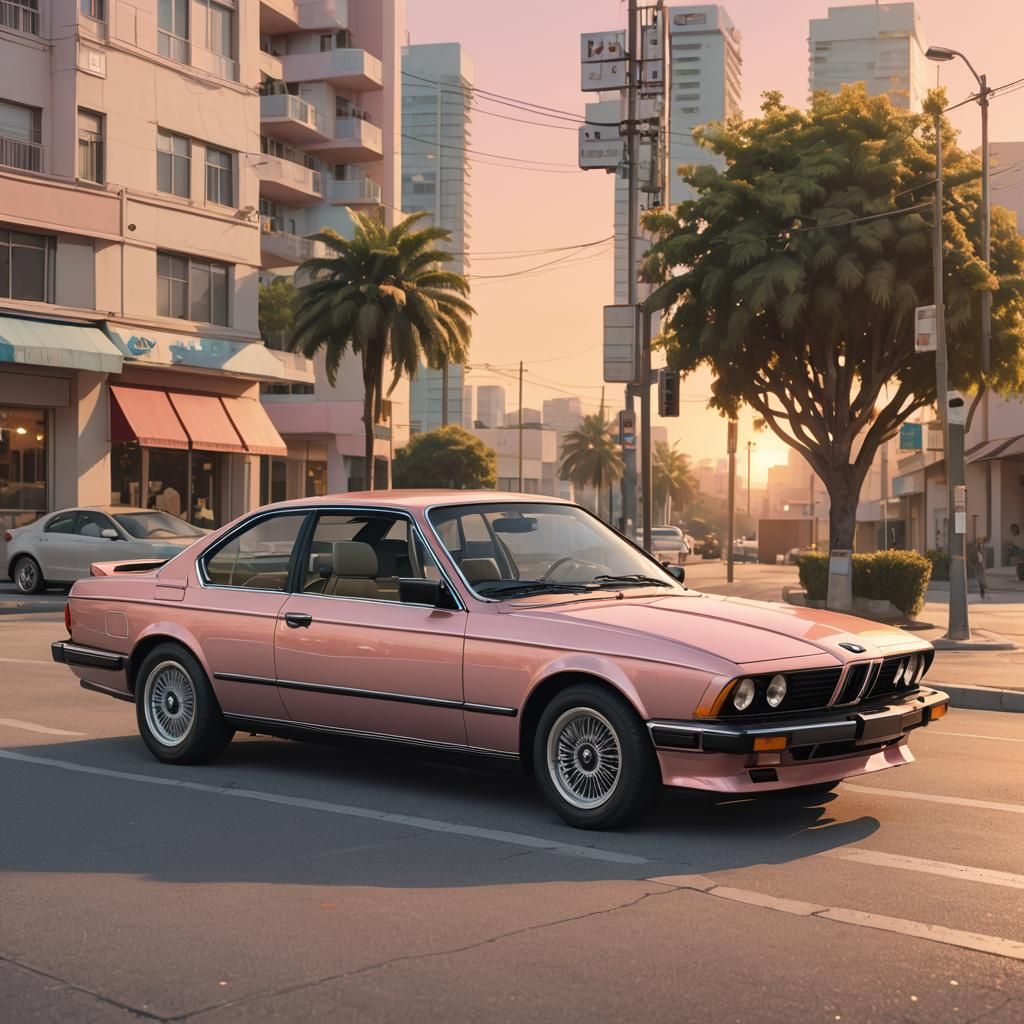 Retro Anime Man with 1986 BMW in Cel-Shaded Style