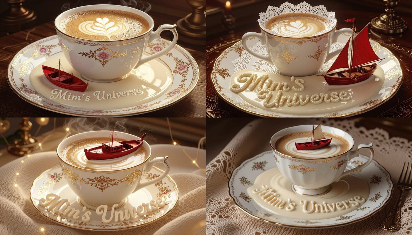 Creamy Coffee Cup with Floating Red Boat & 'Mim's Universe'