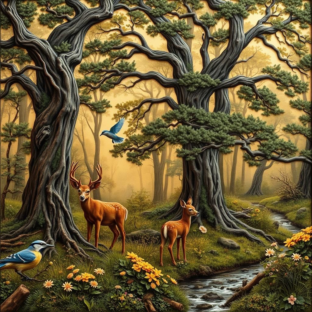 Forest Scene Wood Relief in Gouache Style