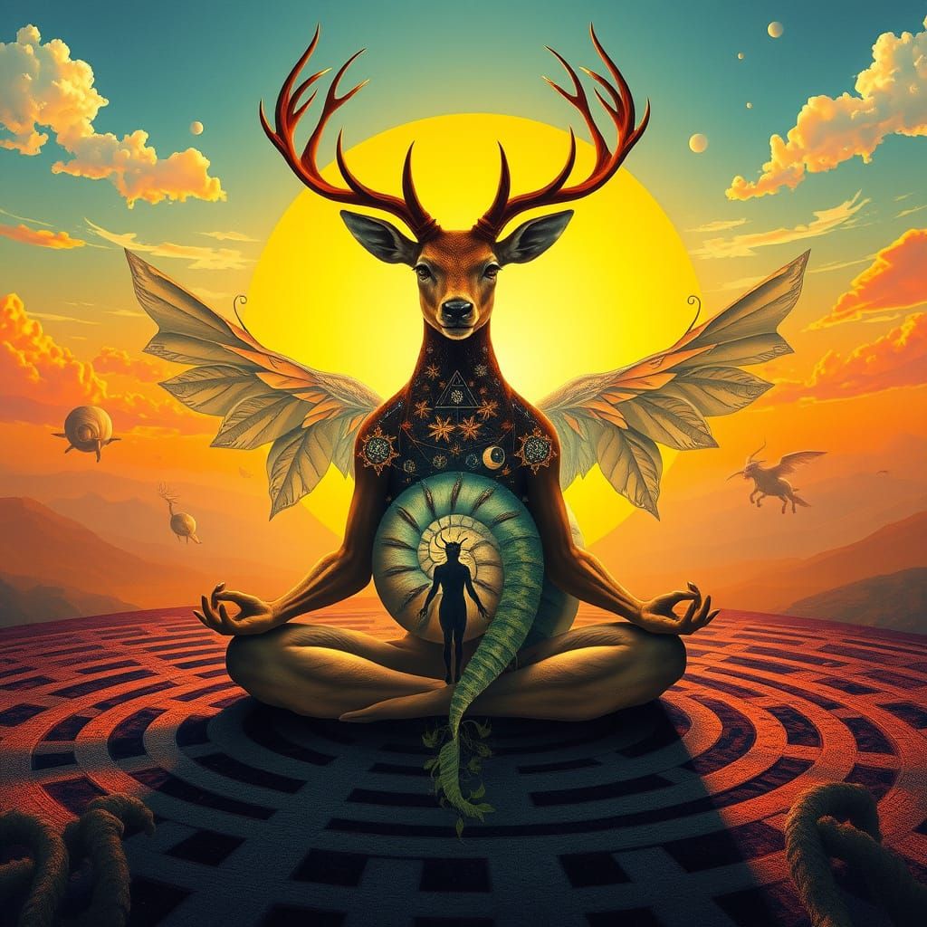 Mystical Deer Meditating at Sunset: Expressionist Surrealism
