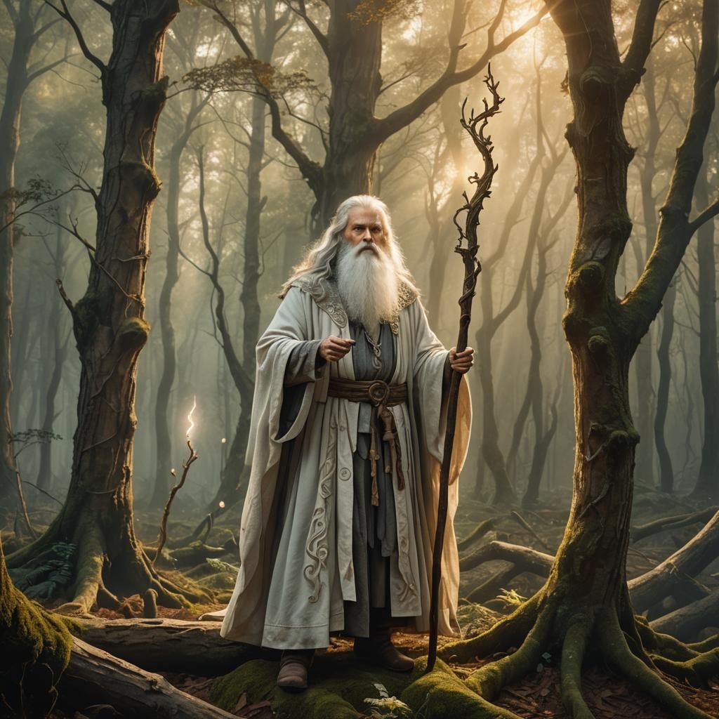 Mystical Wizard in Ethereal Forest: Fantasy Illustration