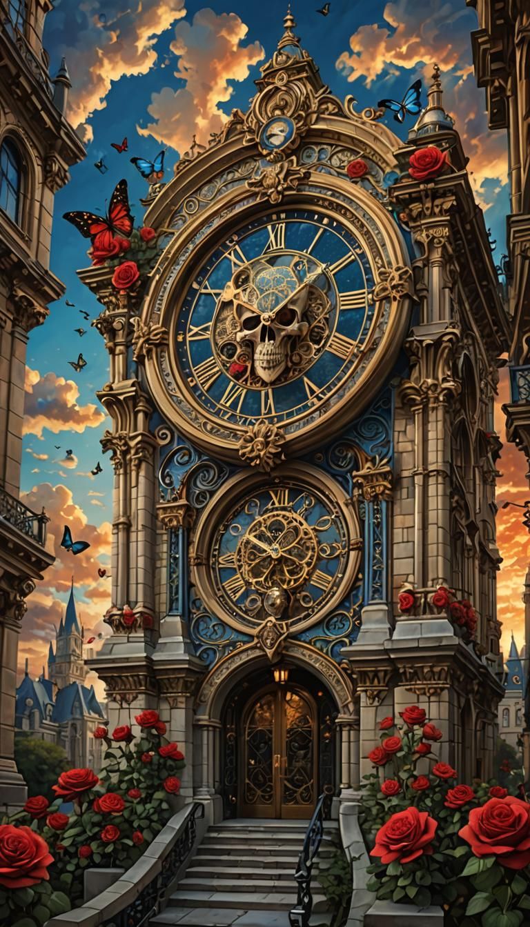 Fantasy Gothic Cityscape with Ornate Clock and Roses