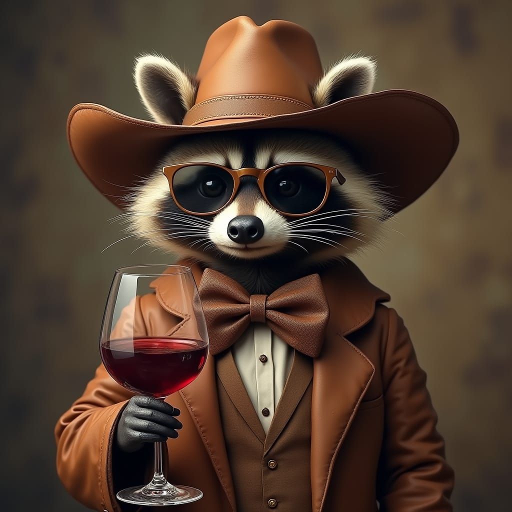 Raccoon Cowboy With Wine Glass in Digital Painting Style