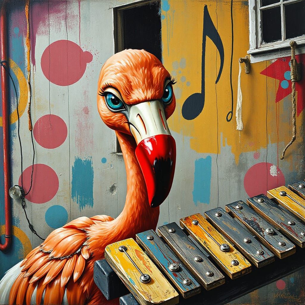 Whimsical Flamingo Strums Urban Xylophone