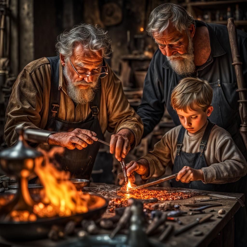 Glassmaker masters and young apprentice