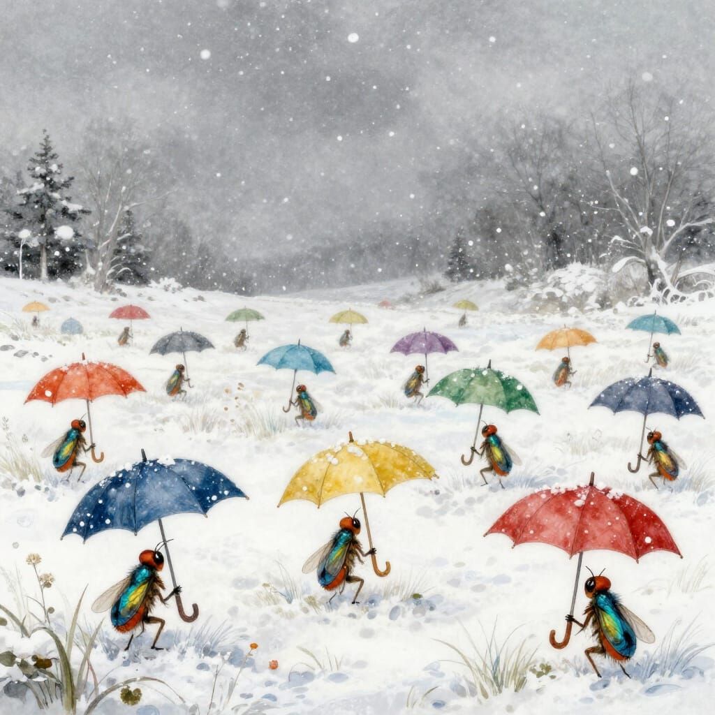 Whimsical Insects Shelter Under Snowfall on Colorful Umbrell...