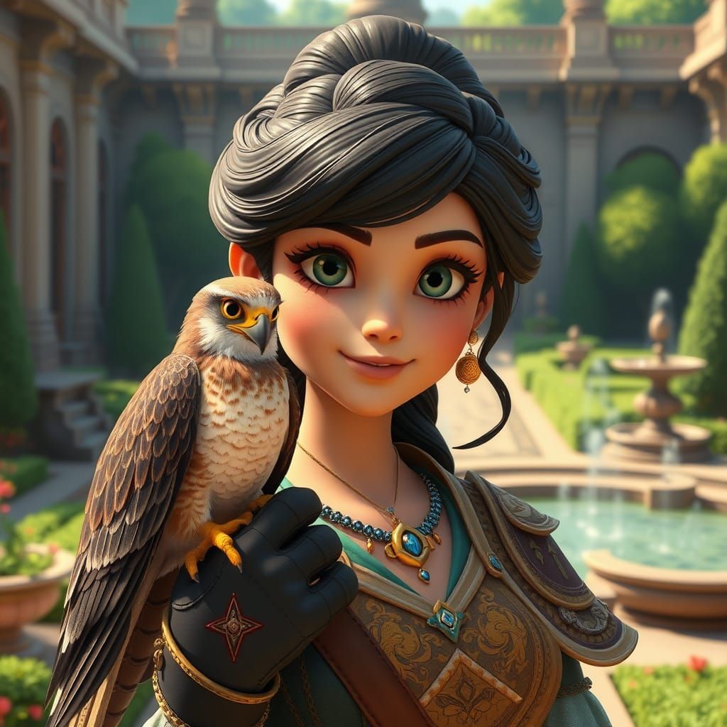 Female Falconer Portrait in 3D Animation Style