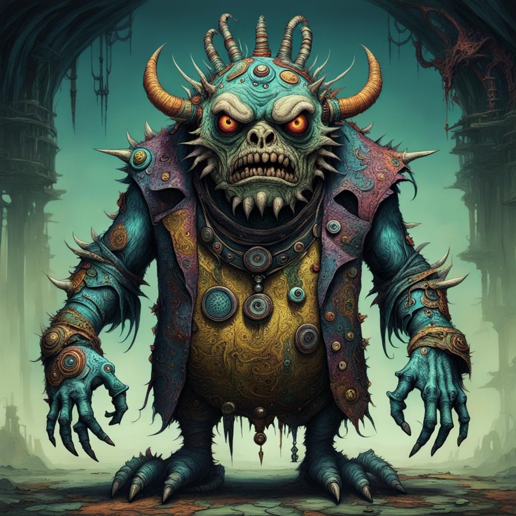 Grotesque Monster in Dystopian Fantasy Landscape