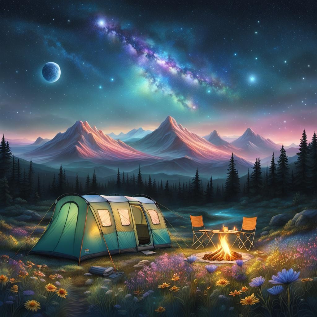 Romantic Campsite Under Astral Sky at Twilight