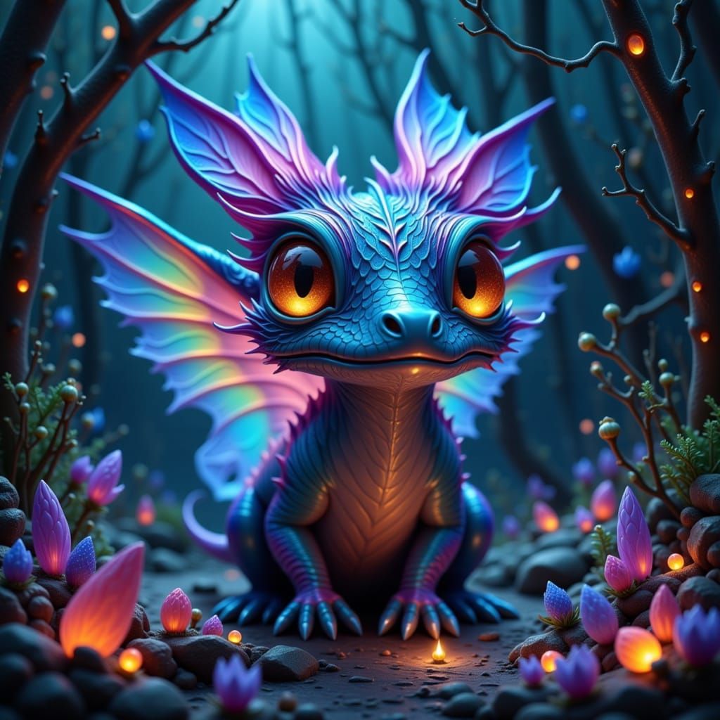 Fantastical Creature in Bioluminescent Forest Digital Painti...