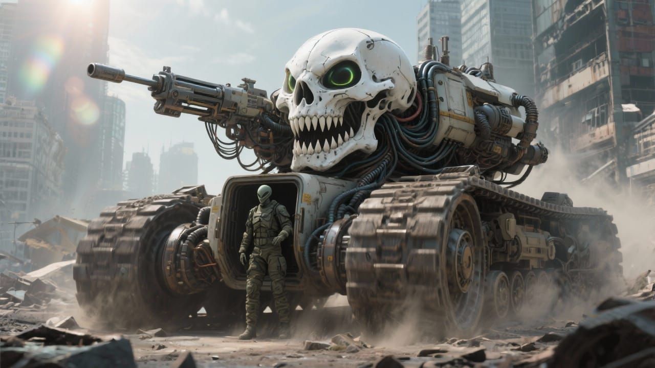 Alien Attack Vehicle Rolling Through Ruined City