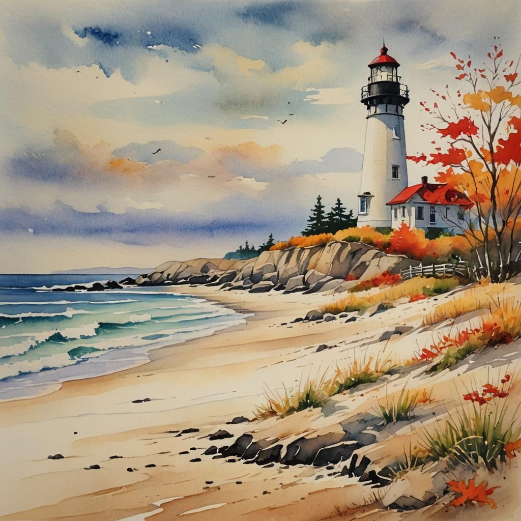 Watercolor Autumn Beach Scene with Lighthouse