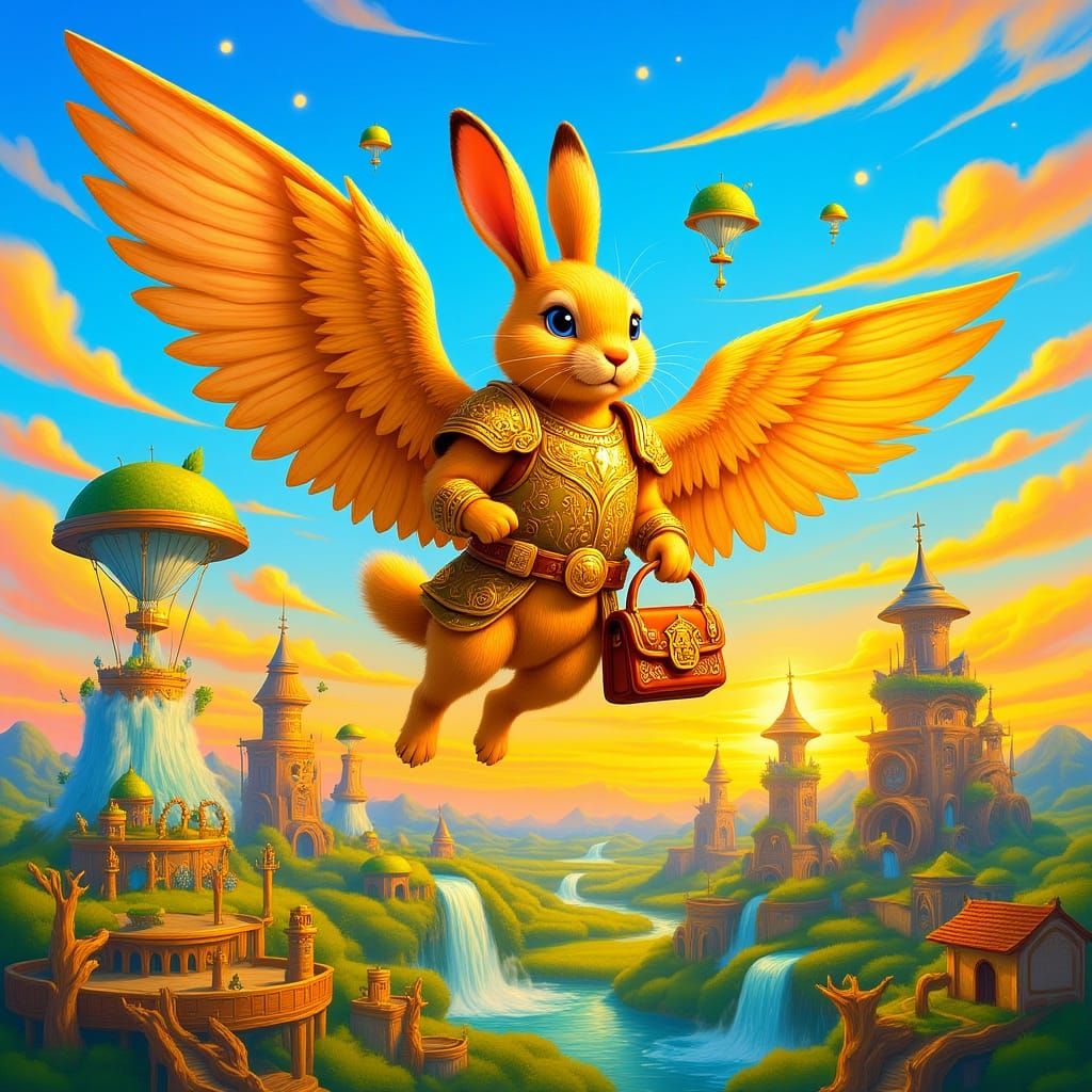 Winged Rabbit in Golden Armor Soars Over Steampunk City