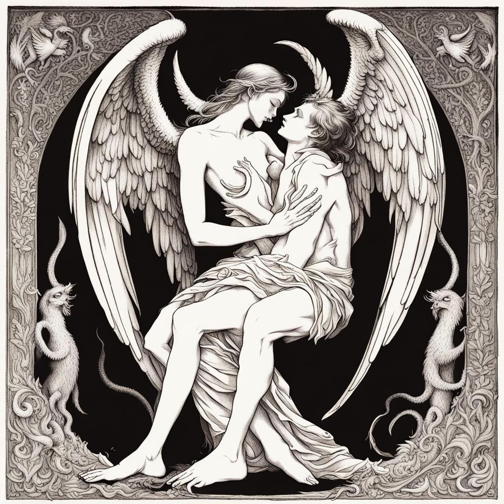 Passionate Kiss: Angel and Demon Embrace