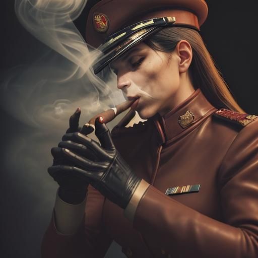 Female Officer Smoking Cigar in Red Leather Uniform