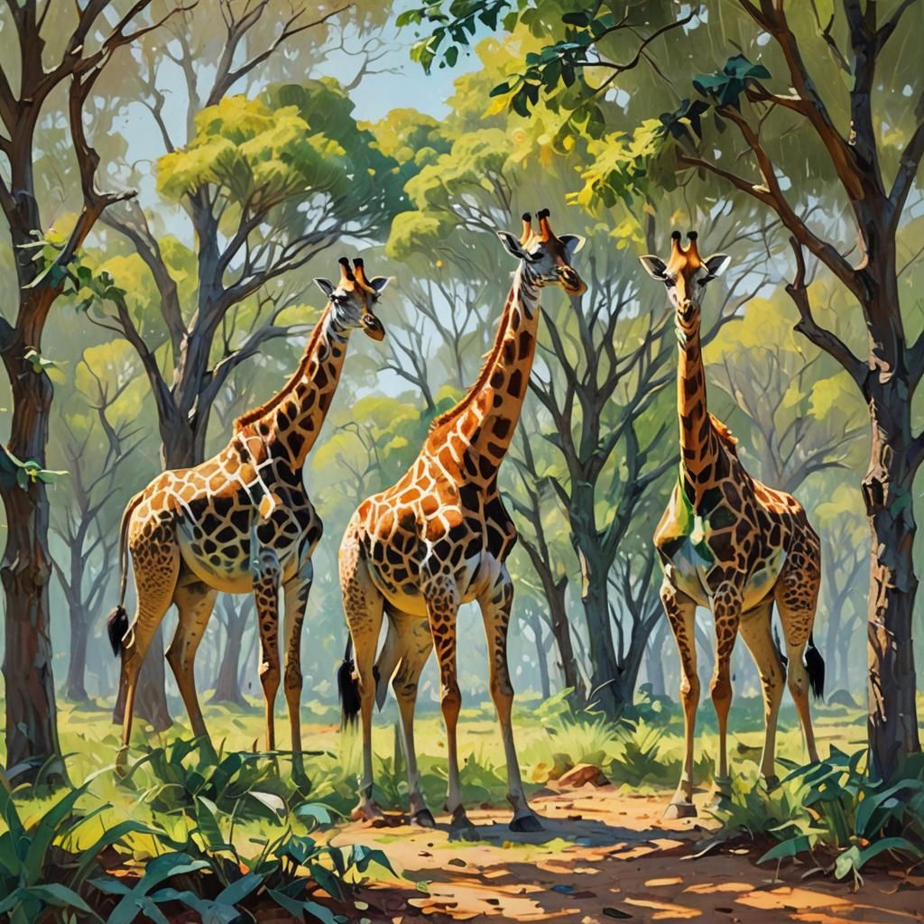 Giraffes in Sunny Savannah: An Impasto Oil Painting