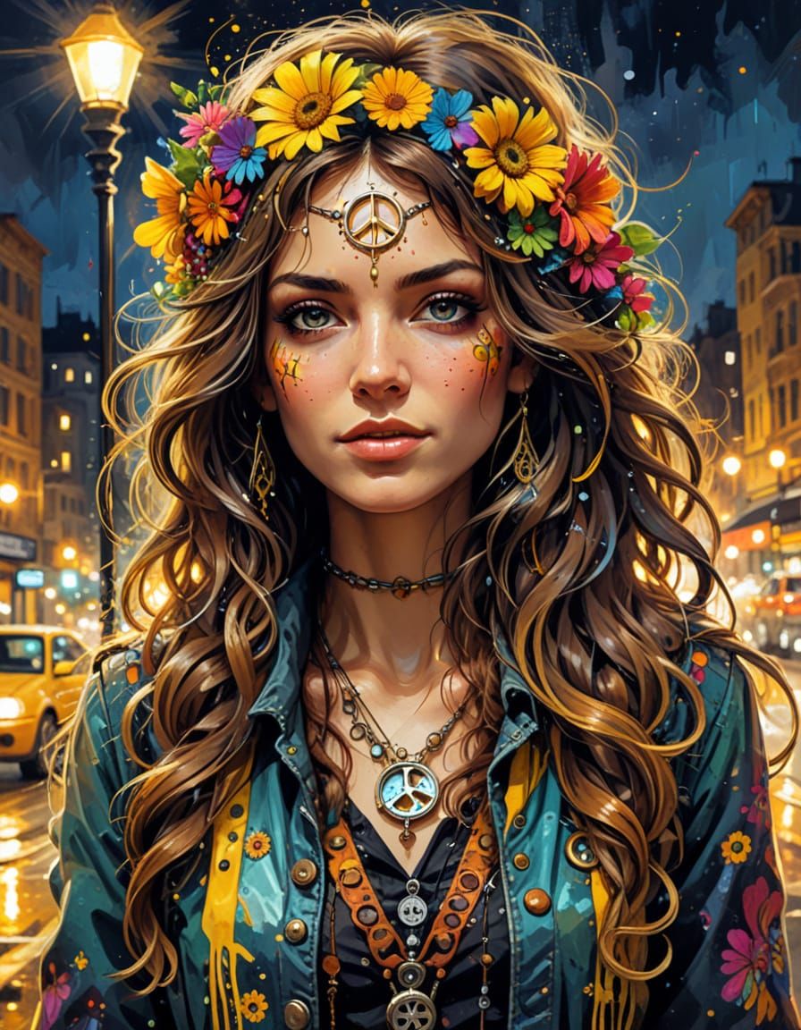 Steampunk Hippie in a Night City Oil Painting