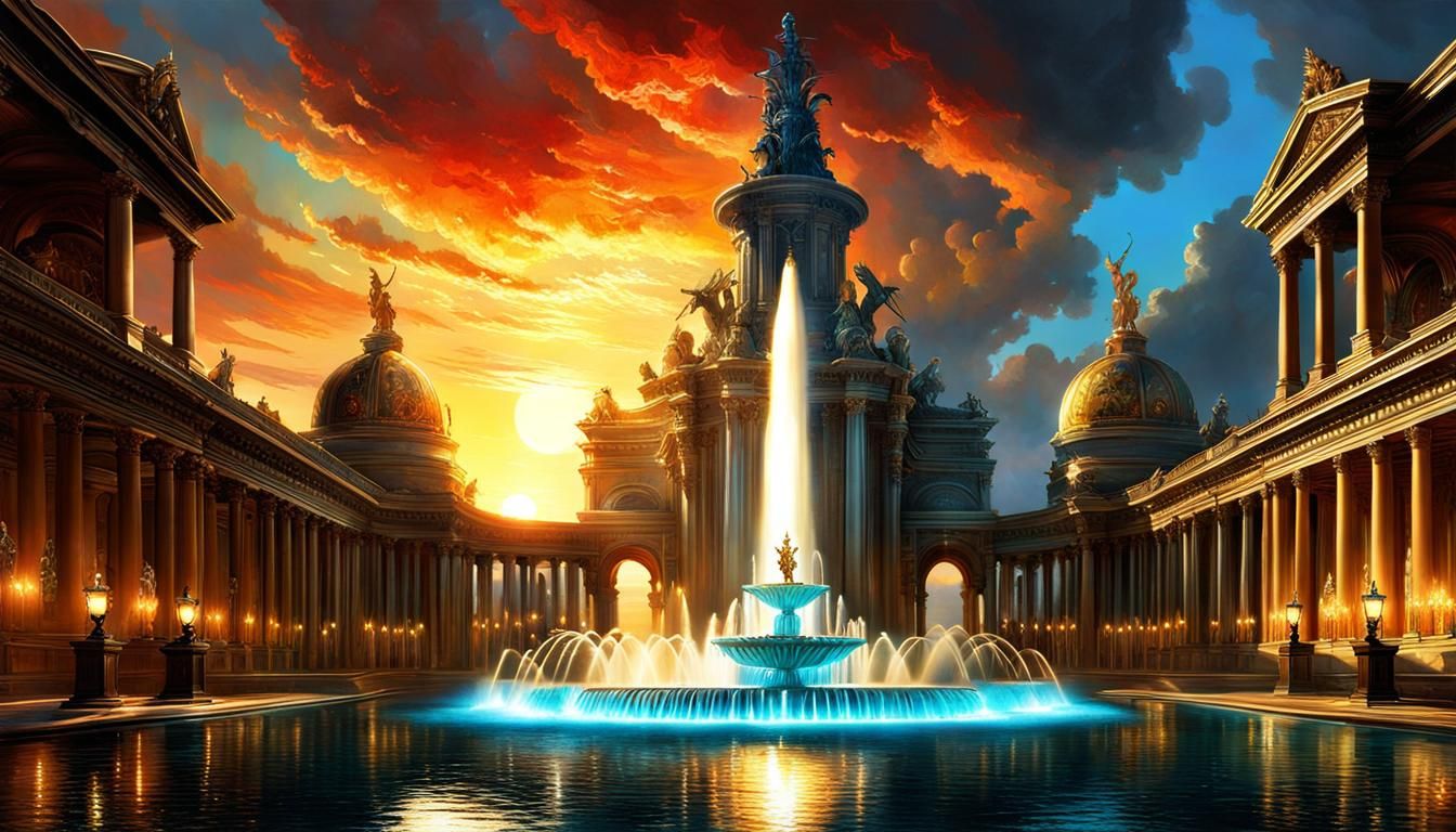 Ornate Fountain at Sunset in Hyperrealistic Style