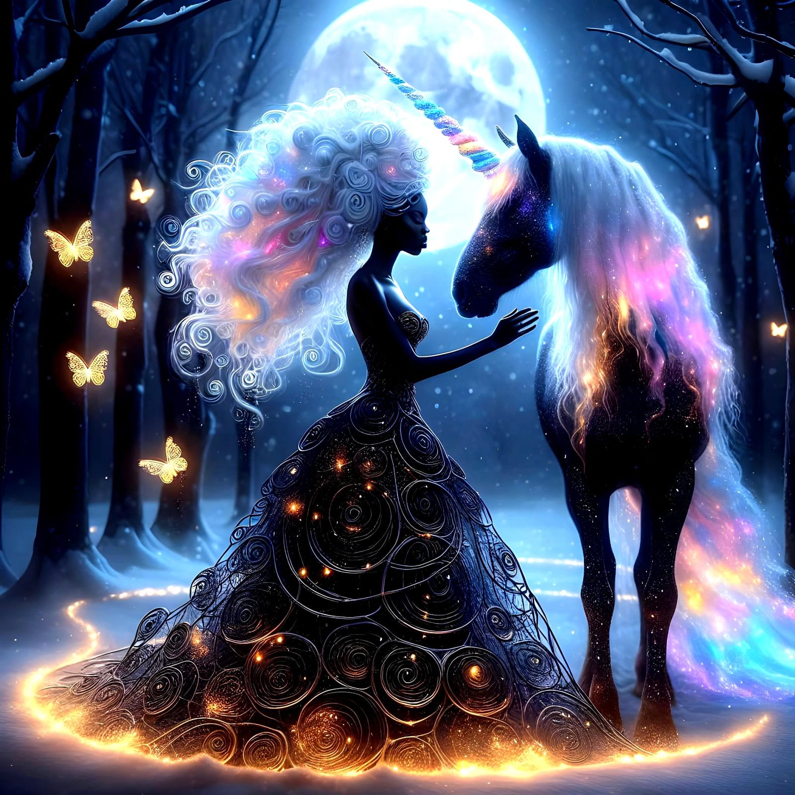 Celestial Unicorn Encounter in Moonlit Forest