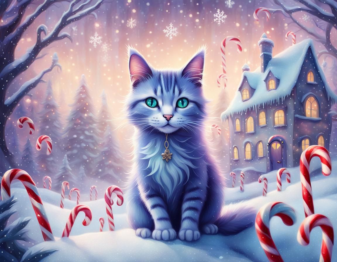Cat Surrounded by Candy Canes in Winter Wonderland