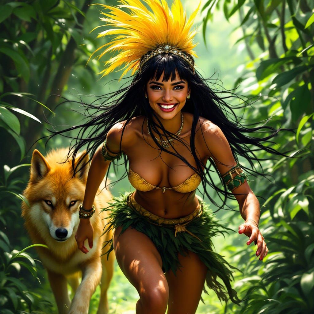 Brazilian Woman in Jungle with Wolf, Hyperrealistic Art