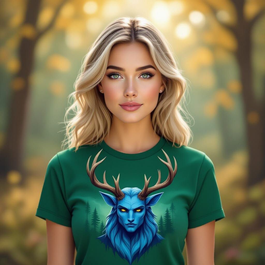 Blond Woman in Forest Green T-Shirt with Blue Firbolg Art