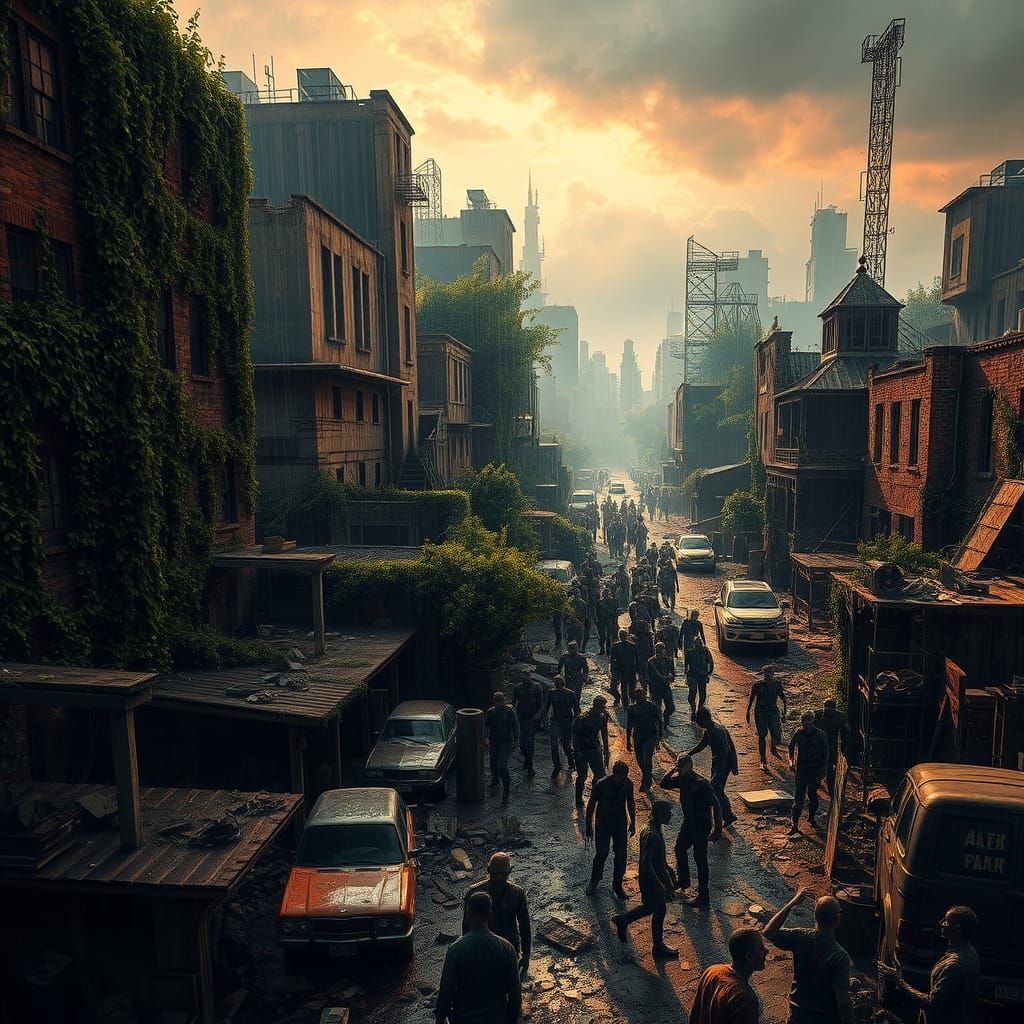 Post-Apocalyptic Zombie Horde in Ruined Cityscape