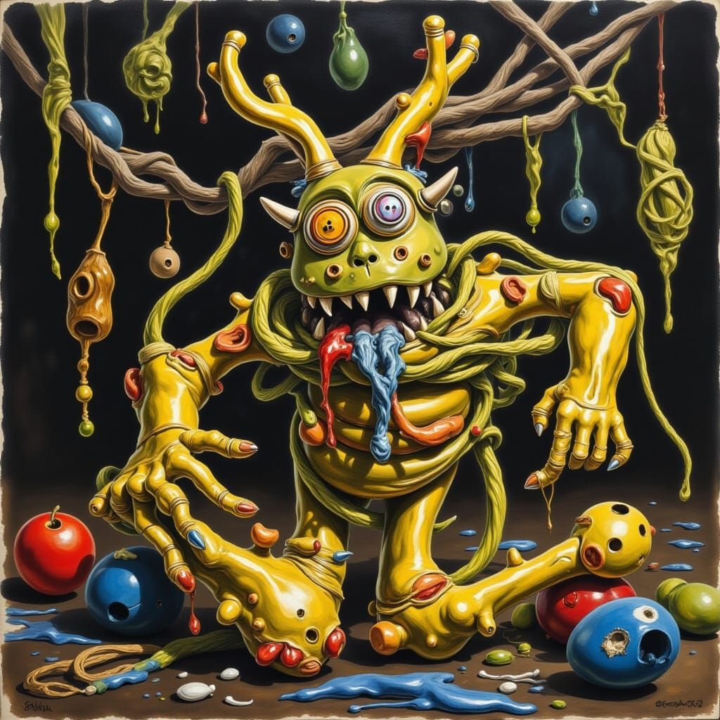 AI Generated Yarn Monster and Olive Oil Art