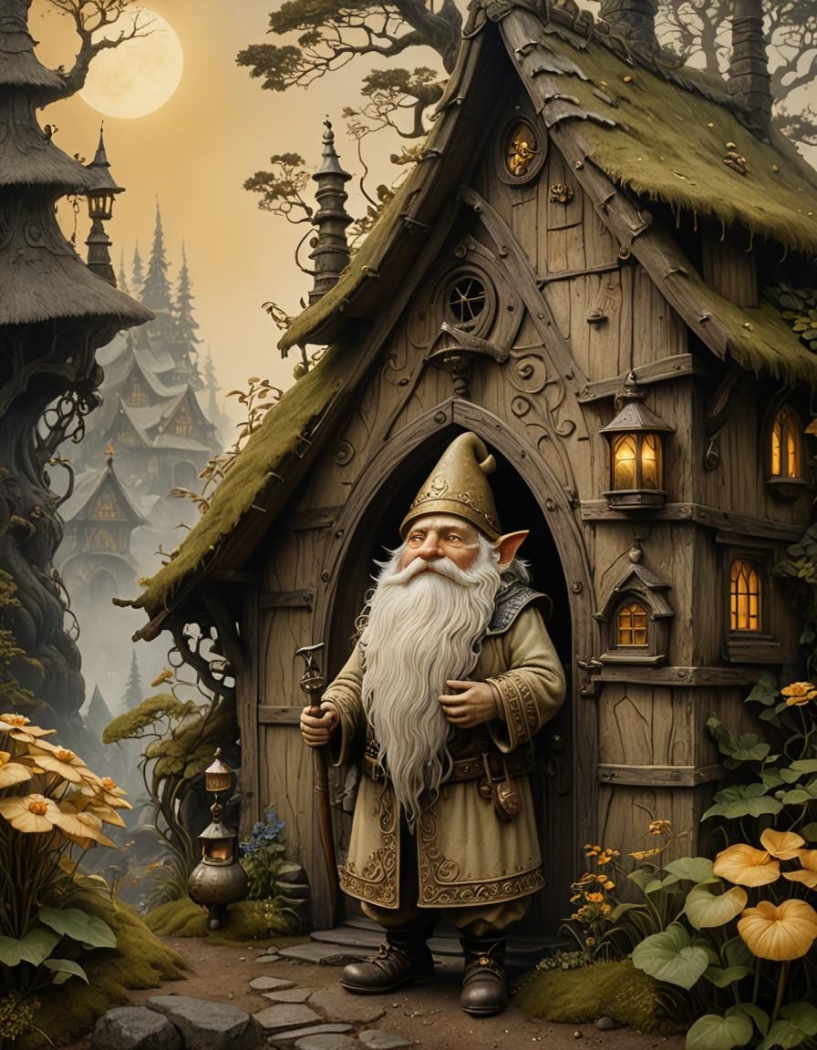 Gnome by Cottage: Hyperrealistic Matte Oil Painting