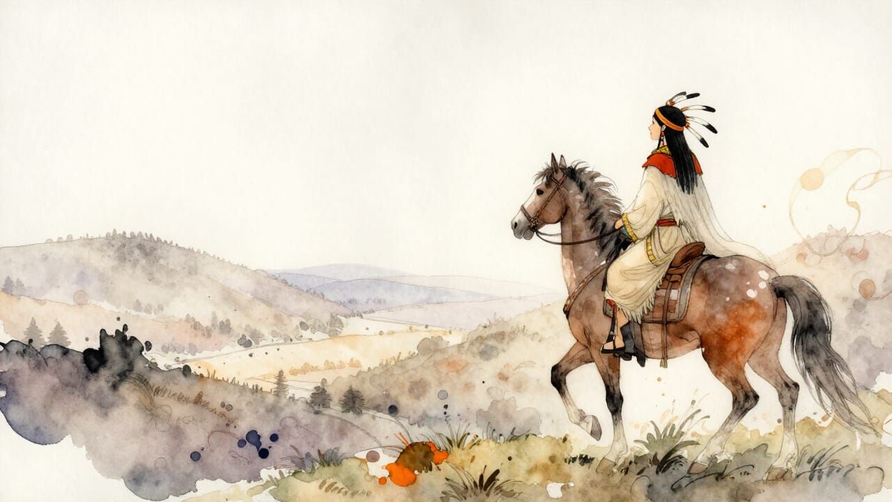 Sioux Warrior on Horseback Overlooking Valley in Watercolor ...