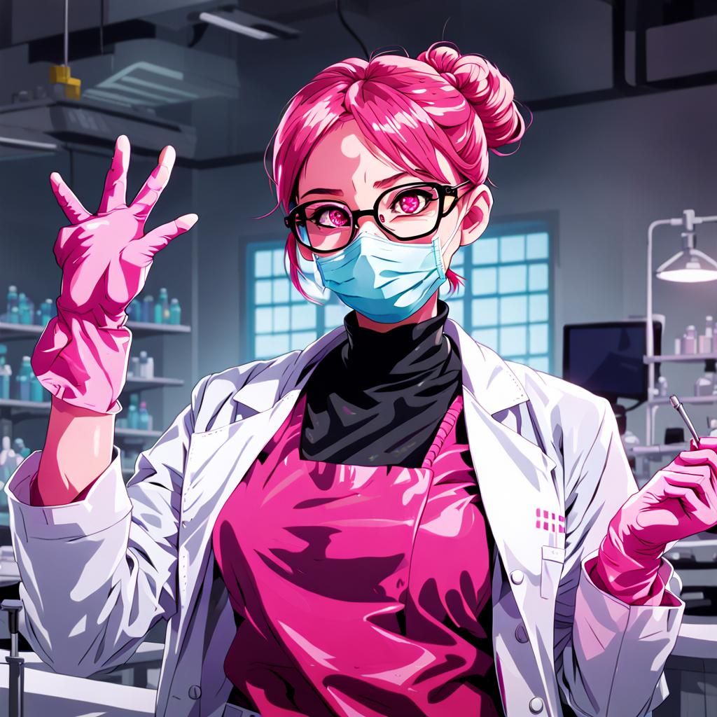 Woman in Lab Coat with Pink Hair, Anime Style