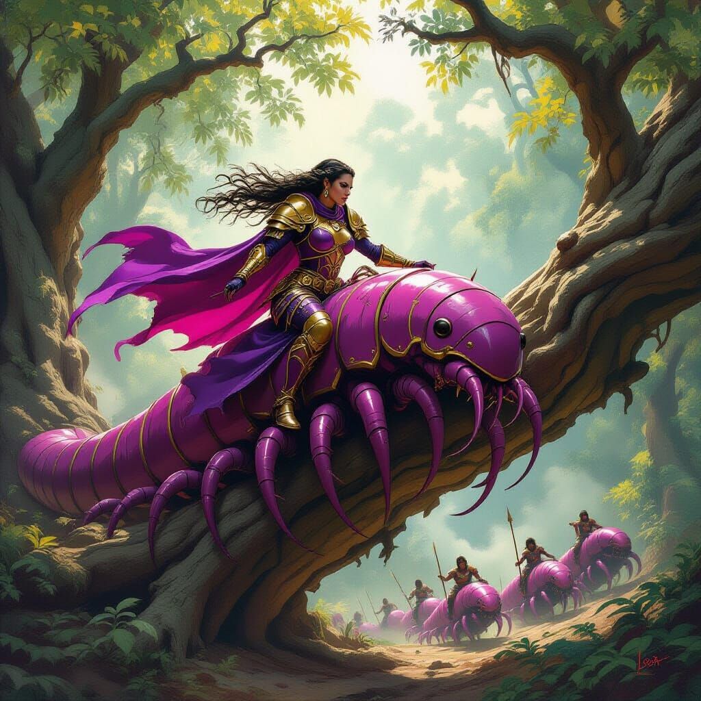 Female Warlord Leading Centipede Cavalry as Oil Painting