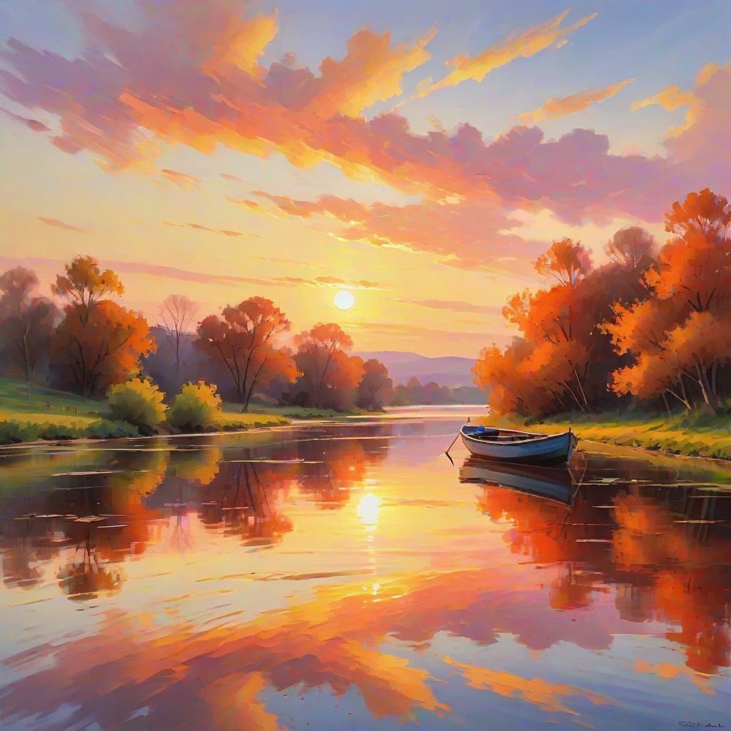 Impressionist Sunset River Landscape Painting