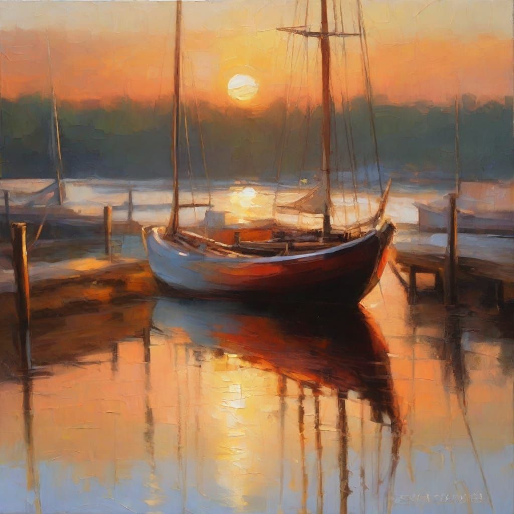 Impressionist Oil Painting of a Serene Sailing Boat at Sunse...